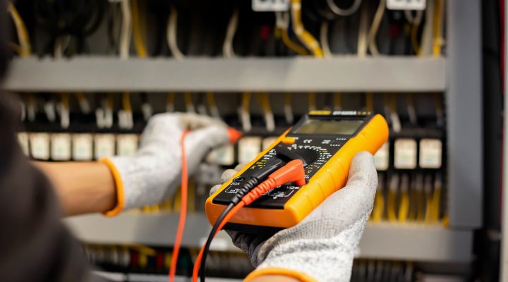 An electrician wearing gloves uses a multimeter to test electrical connections in a panel.