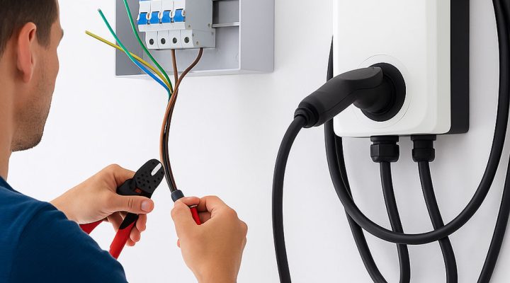 A technician installs wiring for an electric vehicle charging station, connecting cables to a wall-mounted outlet.