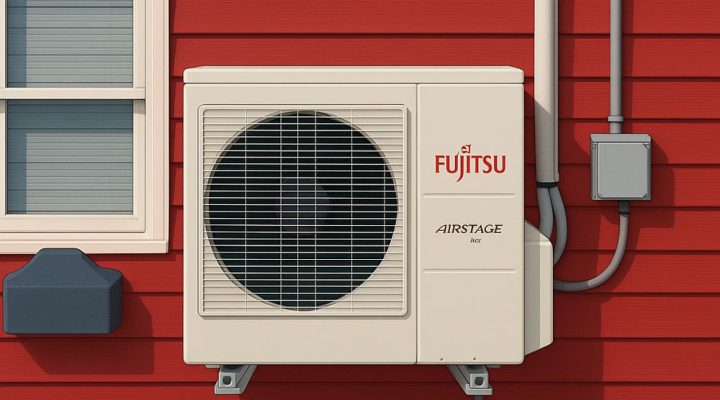 A Fujitsu heat pump unit mounted on the exterior wall of a red building, providing efficient heating and cooling solutions.