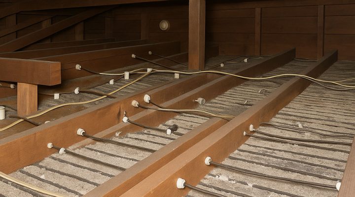 Vintage knob-and-tube wiring installed along wooden beams in an attic space.