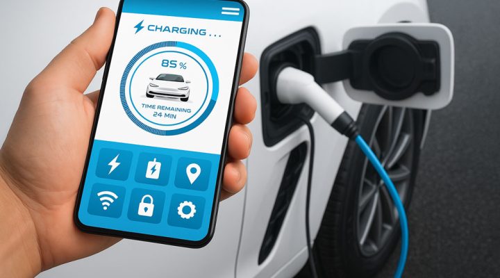 A smartphone displaying a smart app that monitors the charging status of an electric vehicle, showing percentage completion and time remaining.